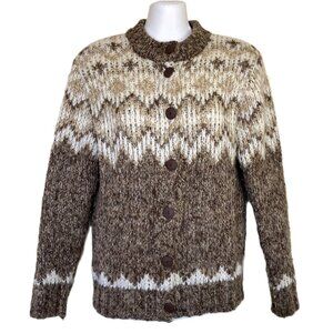 St Michael Fair Isle Cardigan Sweater Wool Blend Brown Vintage Made in UK